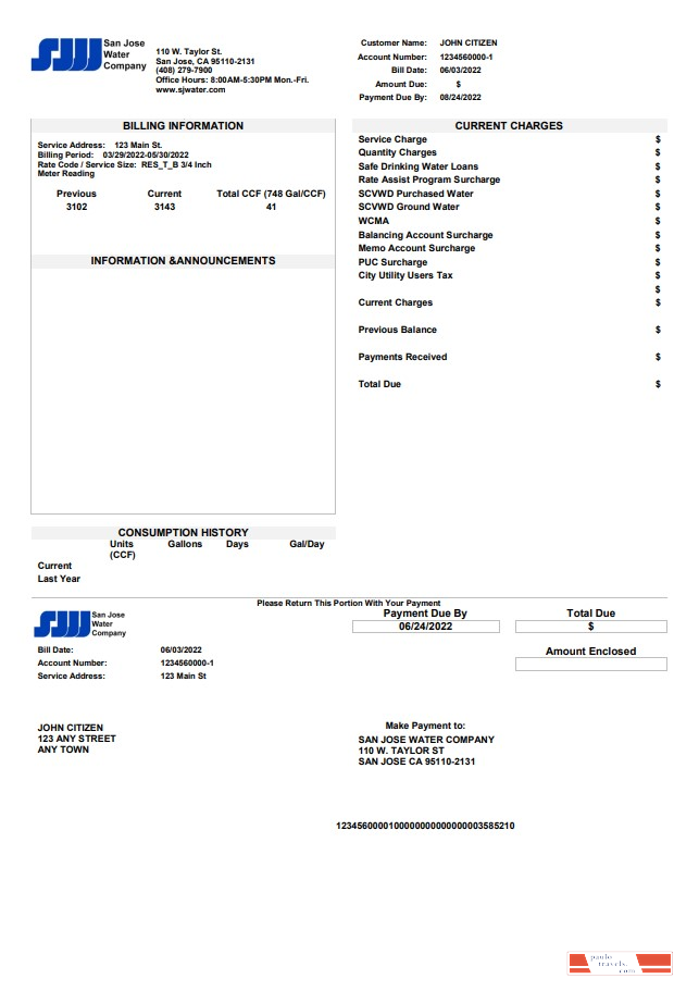 USA California San Jose Water utility bill template in Word and PDF format